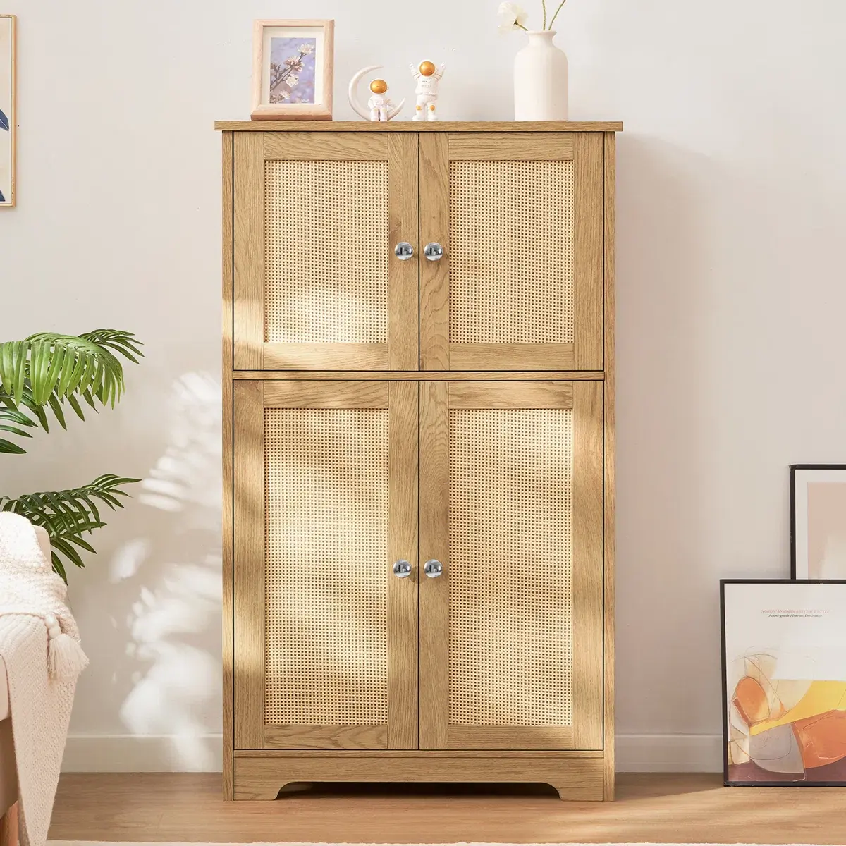 Children's room storage cabinet with natural wood finish